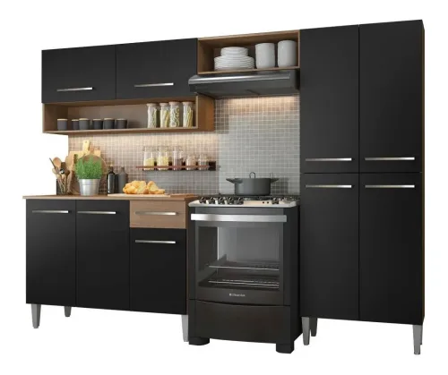 Armário de cozinha modulada completa compacta Emilly pop com armário e balcão cor rustic/preto
